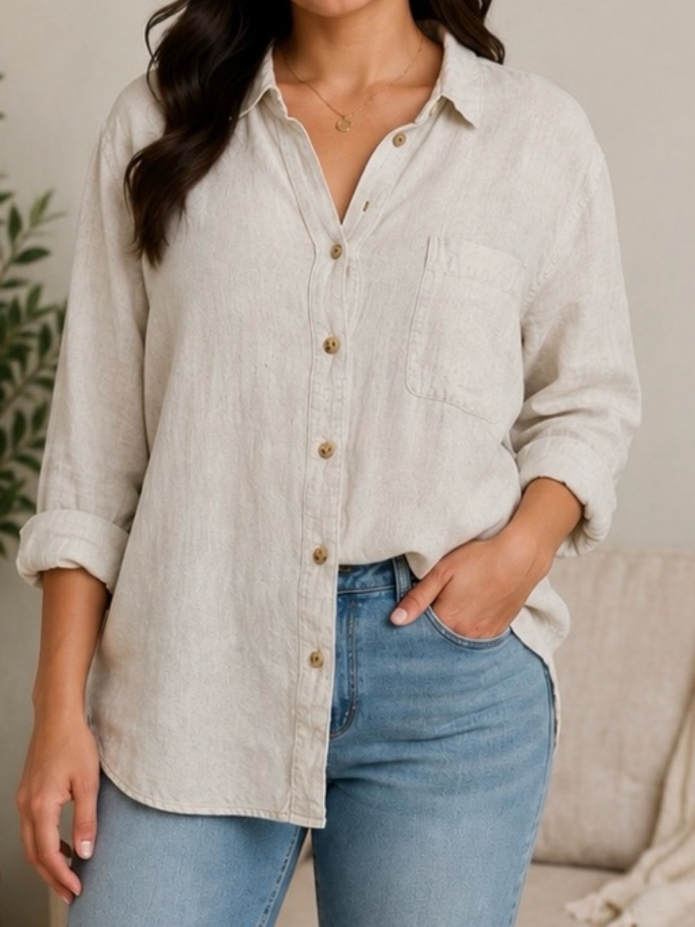 Old Navy Light Beige Button-Down Linen Shirt